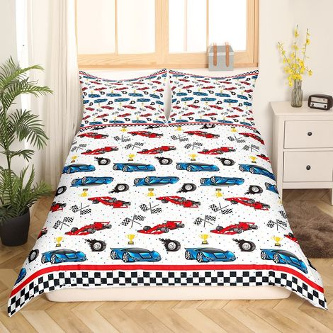 Parure de lit avec housse de couette de 135 x 200 cm - Motif voiture de course, sport extrêmes - Décoration de chambre pour garçons et adolescents - Rouge et bleu - Avec fermeture éclair (1/5)