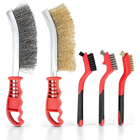 Set of 5 manual wire brushes including steel brush, brass brush, nylon brush, copper brush, and a small wire brush with a non-slip handle for cleaning barbecues (1/5)