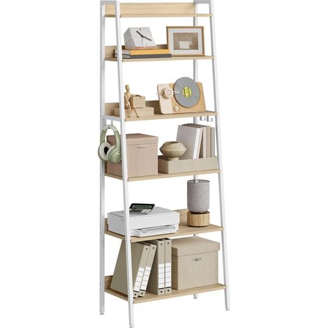 WOLTU Estantería de 6 niveles / Estantería tipo escalera con estructura metálica (madera/MDF) para salón, cocina y oficina – Roble claro + blanco (1/5)
