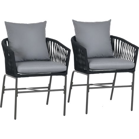 Chaises d'extérieur, lot de 2, style bohème, coussins d'assise et de dossier, coque d'assise confortable, structure en métal, noires (1/3)