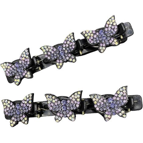 Lot de 2 pinces à cheveux pour femmes, ornées de papillons en faux cristal scintillants, pour tresses et frange double.-Purple (1/5)