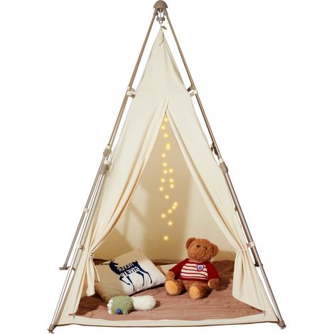 Mophorn Tienda de Campaña para Niños Tienda Tipi para Niños de 1 a 5 Años Tienda de Campaña Plegable para Niños con Alfombra y Bolas de Transporte con Ventanas para Interior y Exterior, Color Beige (1/5)