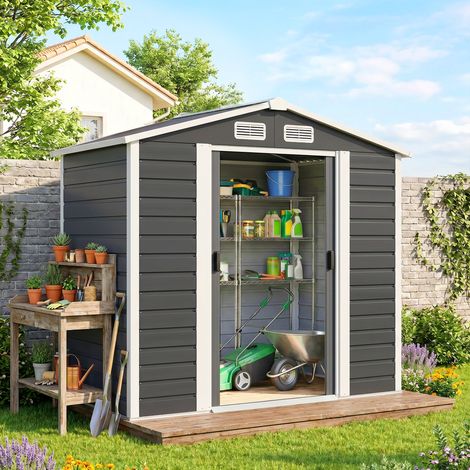 Cabanon de Jardin Métallique Gris Foncé avec Portes Coulissantes et Cadenas à Clés, 2.1x1.2x1.9m (1/4)