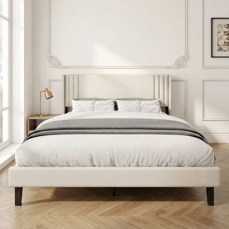 Cadre de Lit Double 140x190 cm,Tête de Lit Lin respirant, Cadres en métal et en bois, Beige (1/5)