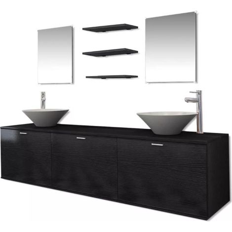 Meuble de salle de bain 16 pièces bois laqué noir Val (1/5)