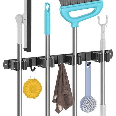 1 - Support Balai Mural - Porte Outils Jardin - 4 Supports Et 3 Crochets - Fixation Adhésive Ou À Vis - Pour Garage Salle De Bain Buanderie - Noir - 42x5cm