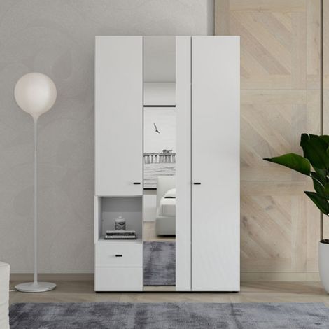 Armario 3 Puertas Patzcu, Ropero para Dormitorio con Cajón, 5 Estantes, 117x52 cm Blanco Mate (1/5)