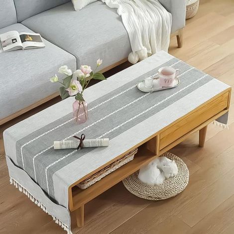 Nappe Coton et Lin,70180cm Poche Latérale de Rangement Nappe Rectangulaire Anti Tache Nappe Table Basse Nappe de Table,Gris (1/3)