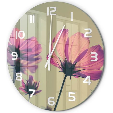 Horloge Murale Ronde Déco Murale Artistique Verre Silencieuse Salon Chambre Fleurs roses fi 60 cm (1/5)