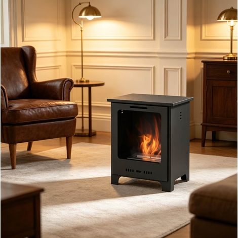 Freistehender Bioethanol-Kamin 40 x 30 x 50 cm aus schwarzem Metall – MEUBLIV (1/5)