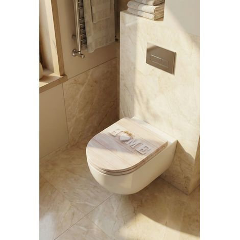 Abattant de toilette ovale blanc universel en MDF à fermeture amortie, avec charnières réglables en alliage de zinc, facile à nettoyer et à installer. (1/5)