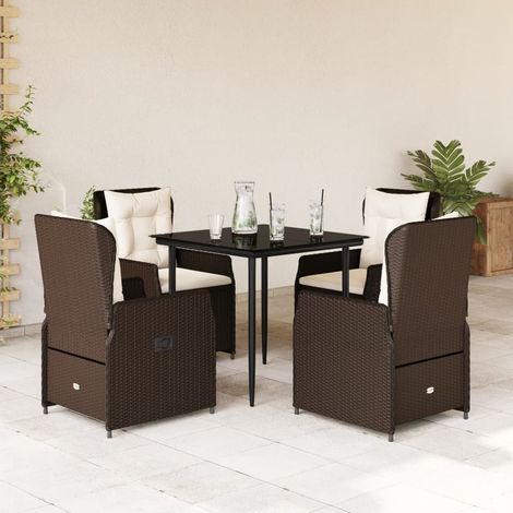 Ensemble repas de jardin 5 pièces, table en verre et fauteuils inclinables en polyrotin marron - PANGIVO (1/5)
