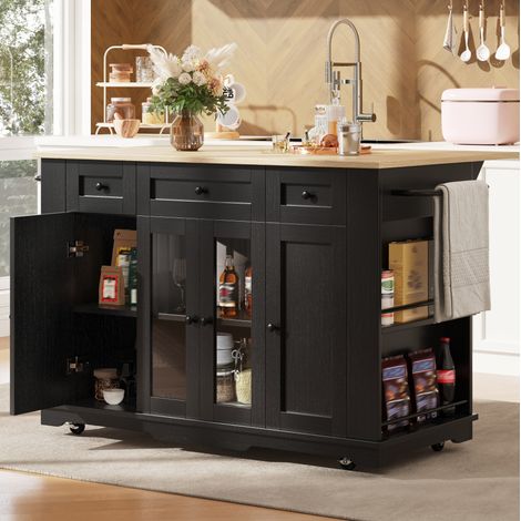 Îlot de cuisine 151,5x60x91,7 cm MDF et métal noir, rangement gain de place pour cuisine – MEUBLIV (1/5)