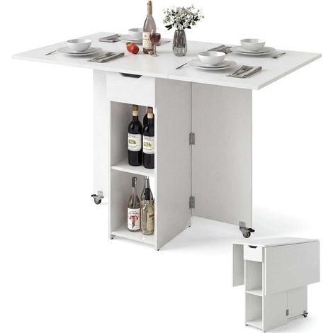 Table à manger pliante blanche avec 2 roues, étagère 2 niveaux et tiroir, pour petit appartement, cuisine et bureau