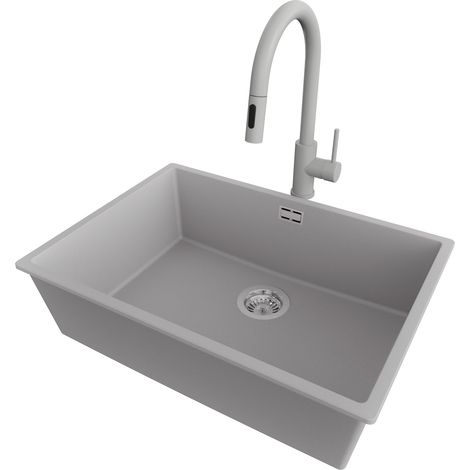 PRIMAGRAN Evier Sous Plan 66x47cm,Evier en Granit 1 bac + Robinet 40x20cm + Kit de Vidage, Évier au meuble 70cm - London, Gris (1/5)