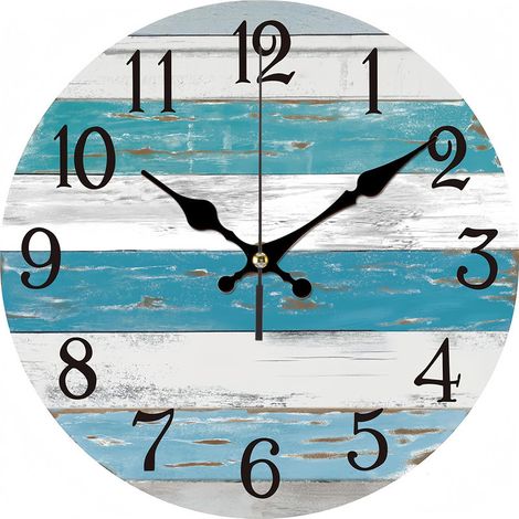 Horloge murale bleue sur le thème de la plage, à piles, silencieuse, sans tic-tac, style rustique vintage, horloge marine, décorative pour la maison, la cuisine, le salon, le bureau, la salle de bain, (1/5)