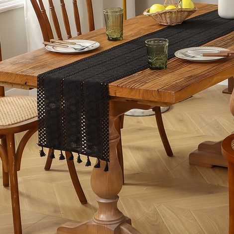 Un camino de mesa negro con borlas,de 30 cm x 200 cm,de estilo rústico campestre,ideal para fiestas (1/4)