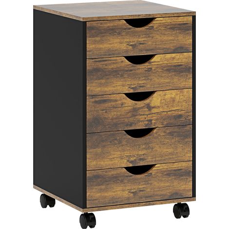 Caisson de bureau roulant, meuble de classement à roulettes avec 5 tiroirs, en bois, 40 x 40 x 67 cm, marron (1/5)