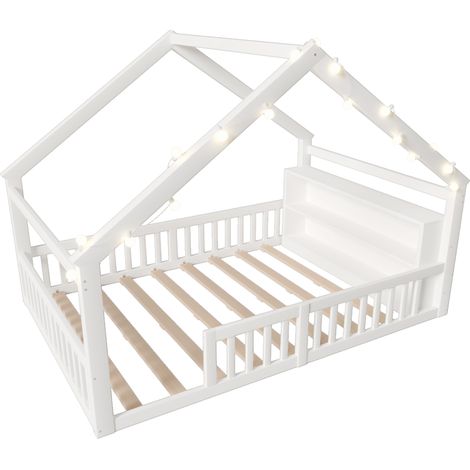 Letto bambino 140 x 190 cm in pino bianco con sponde, ripiani laterali e LED, senza materasso