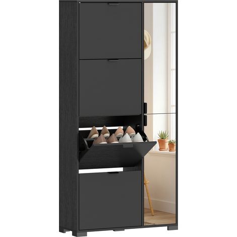 Meuble à chaussures moderne avec miroir et 4 tiroirs rabattables, capacité jusqu’à 16 paires, noir (1/5)