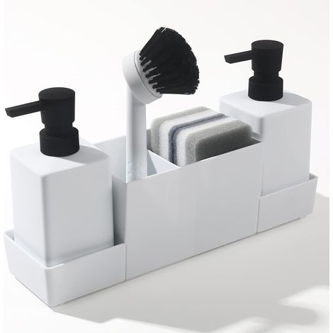 Spülmittelpumpe mit Schwammhalter, Spülbecken-Organizer-Set, Handseife- und Spülmittelpumpe mit Bürste, mattweiß (weiß) - AquaForge (1/5)