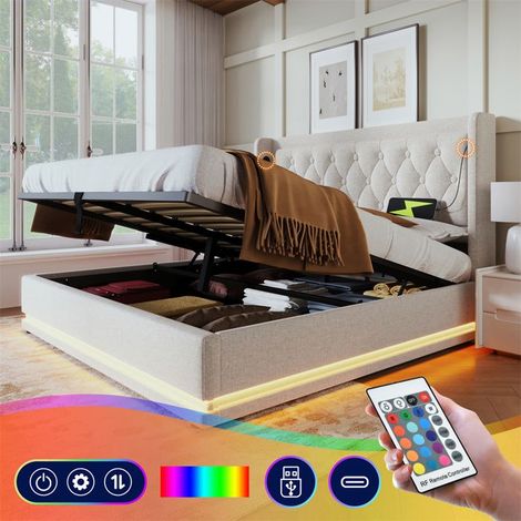 Lit rembourré 140x200 avec coffre hydraulique, LED intégrée et charge USB-C, beige, sans matelas