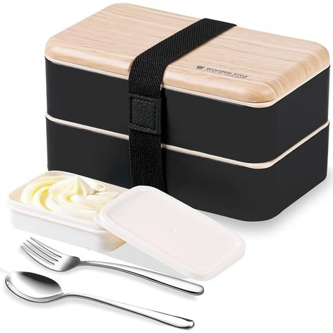 Boîte bento Repas Boîte à Lunch Boîte à Déjeuner gouter Bundle Divider Style Japonais Lunch Box avec Une cuillère et Une Fourchette en Acier Inoxydable (noire) (1/5)