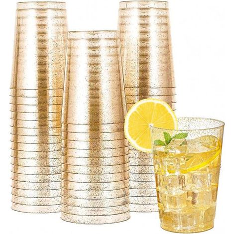 50 gobelets en plastique plaqué or – réutilisables – 300 ml – verres à cocktail transparents – incassables – paillettes dorées (1/5)