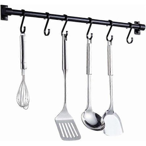 40 cm lange, wandmontierte Küchenutensilien-Aufbewahrungsstange mit 6 abnehmbaren Haken, wandmontierter Küchenutensilienhalter (schwarz)