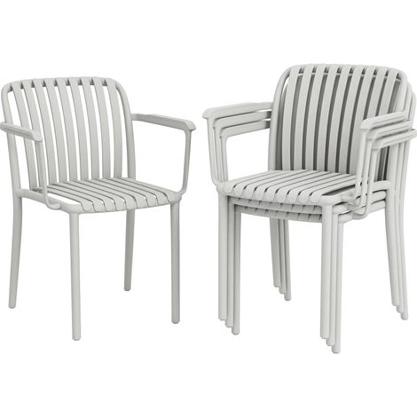Ensemble de 4 chaises de jardin empilables avec accoudoirs, design à lattes en plastique, grises (1/5)