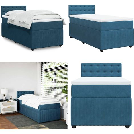 Cama box spring con colchón terciopelo azul 90x200 cm - Colchón de muelles ensacados - Cama de muelles