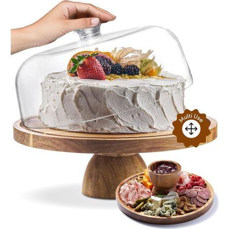 Présentoir à gâteaux en bois d'acacia avec couvercle - Présentoir à gâteaux rond de 30 cm, ensemble de présentation de desserts 2 en 1 pour fromages, chips et trempettes, nachos et plateau de fruits