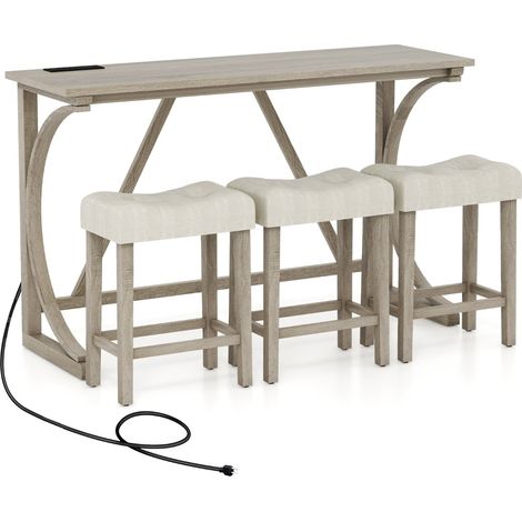 Set tavolo da bar 4 pezzi con presa di corrente, Tavolo da bistro altezza bancone e sgabelli imbottiti a sella Grigio + Beige (1/4)