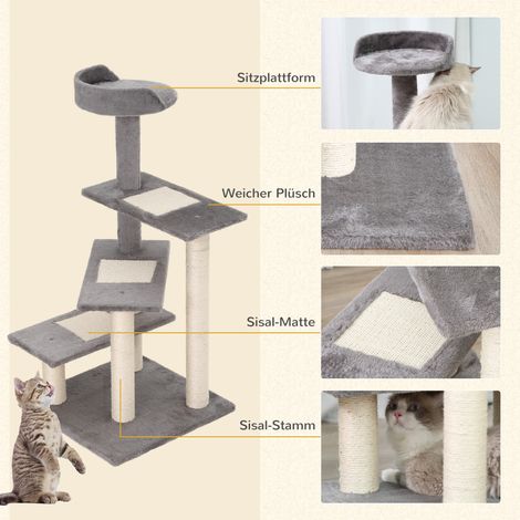 Arbre à chat PawHut 100 cm, poteaux sisal, grande plateforme, griffoir multi-étages, tour d'escalade pour petits félins, beige gris (1/4)