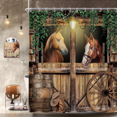 Rideau de Douche d'écurie de Cheval Occidental 152,4 x 183 cm (l x H) Style Ferme, Porte de Grange, Cowboy Feuilles Vertes Ensemble de Salle de Bain Anciennes Roues en Bois (1/5)