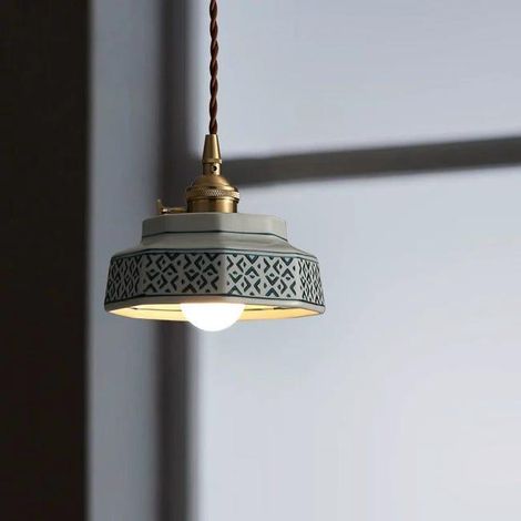 Suspension vintage en céramique avec ampoule, petit lustre, lampe de chevet LED, suspension en porcelaine, plafonnier, φ14cm, lumière chaude 3000K