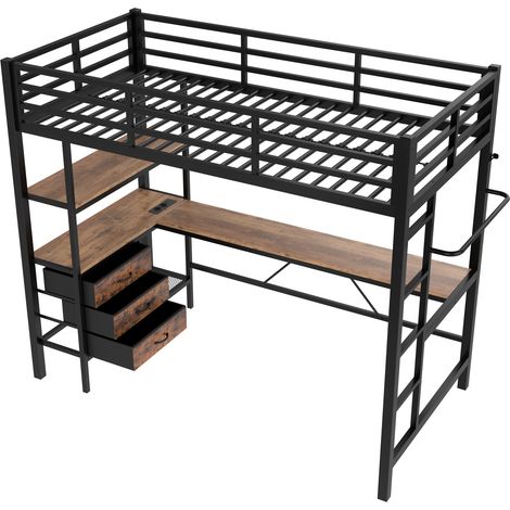 Lit mezzanine 90200cm avec lumières LED, bureau, prise + USB, 3 tiroirs, étagères, garde-corps, escalier, sans matelas, noir (1/5)