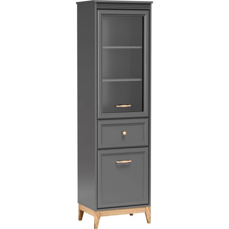 AX LIVING Vitrine Nymphen Dunkelgrau schmal Glas 2 Türen 1 Schublade MDF Eiche Beine