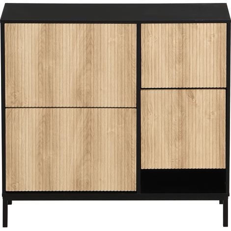 Schuhschrank mit 3 Klappen und Ausziehbank, Offenes Ablagefach, Modern, aus MDF, Schwarz und Natur, 100×25×100 cm (1/5)