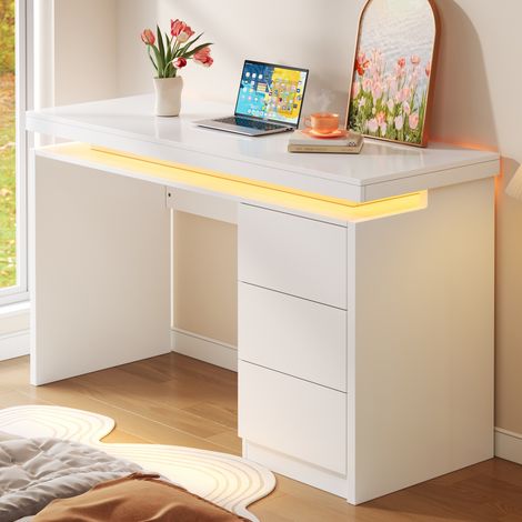 Bureau d'ordinateur avec éclairage LED réglable 120x50x78,5 cm, 3 tiroirs, plateau élargi, pieds renforcés
