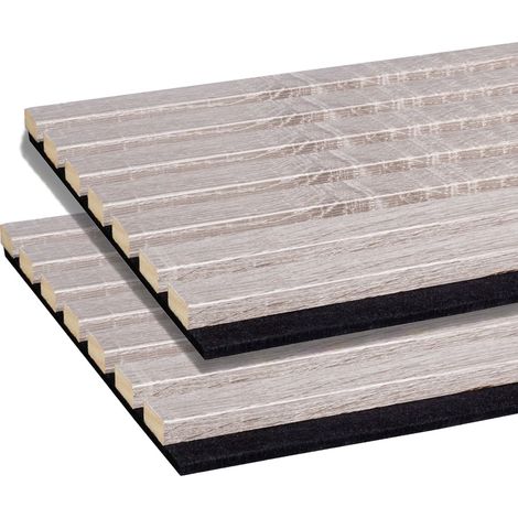 Forestea – Lot de 2 panneaux décoratifs muraux MDF acoustiques chêne gris sur feutrine noire 2600 x 300 x 17 mm – Label PEFC 70%