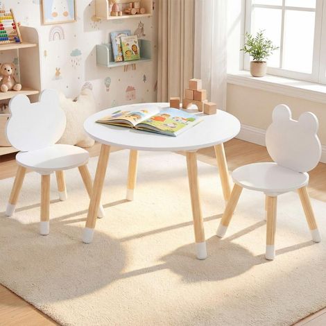 Montage facile : ensemble table et 2 chaises enfant en bois de pin pour dessin, jeux et activités dès 3 ans, blanc (1/5)