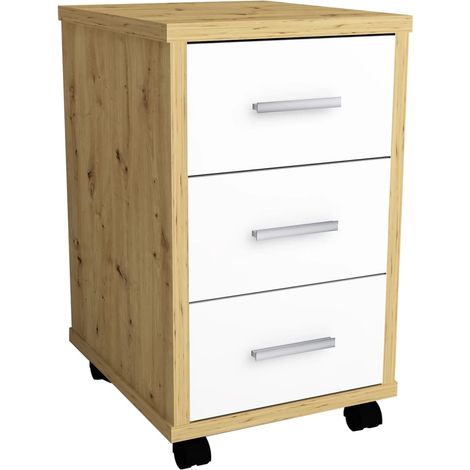Caisson 3 tiroirs sur roulettes chêne et blanc (1/4)