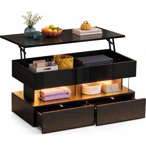 Tavolino elevabile 100x50x46 cm nero MDF e acrilico con LED e 2 cassetti - CHICFURN (1/5)