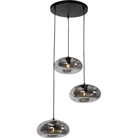 Qazqa – Suspension Art déco noire 3 lumières Ø 56 cm – Verre fumé et acier – Compatible variateur E27 – Éclairage intérieur salon, chambre, cuisine (1/5)