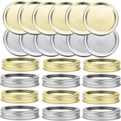 24 pezzi di coperchi e anelli per barattoli di conserve, coperchi divisi per barattoli di conserve, tappi per marmellata e miele (70 mm) (Oro Argento) (1/5)