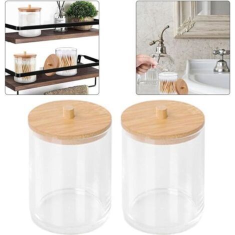 [JAMAIS UTILISÉ] Lot de 2 porte-tampons en coton avec couvercles en bambou, boîtes à cotons-tiges, boîtes de rangement rondes pour salle de bain, pots de rangement transparents pour élastiques à cheve (1/4)