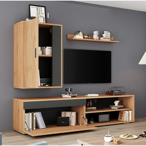 Mueble TV de 3 piezas 140 x 35 x 39 cm, de suelo y mural, madera y negro DESVIAE (1/5)