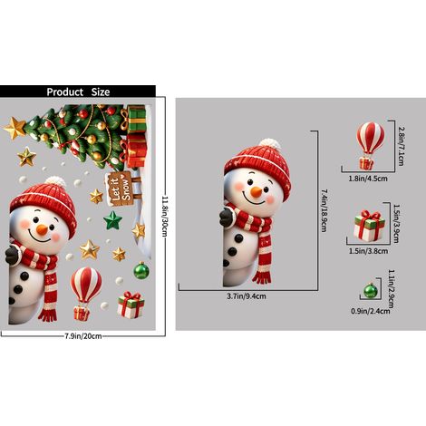 Autocollants statiques pour vitrines, décorations de Noël : Père Noël, bonhomme de neige et rennes (dessin animé) - JS114