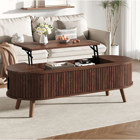 Mesa de centro elevable 120x50x39,5 cm en MDF color nogal, con almacenamiento FloraGrace (1/5)